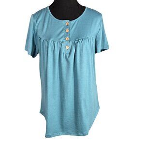 NWT | Blue Henley Short Sleeve Button Front Flowy Pleated Blouse Top | Medium